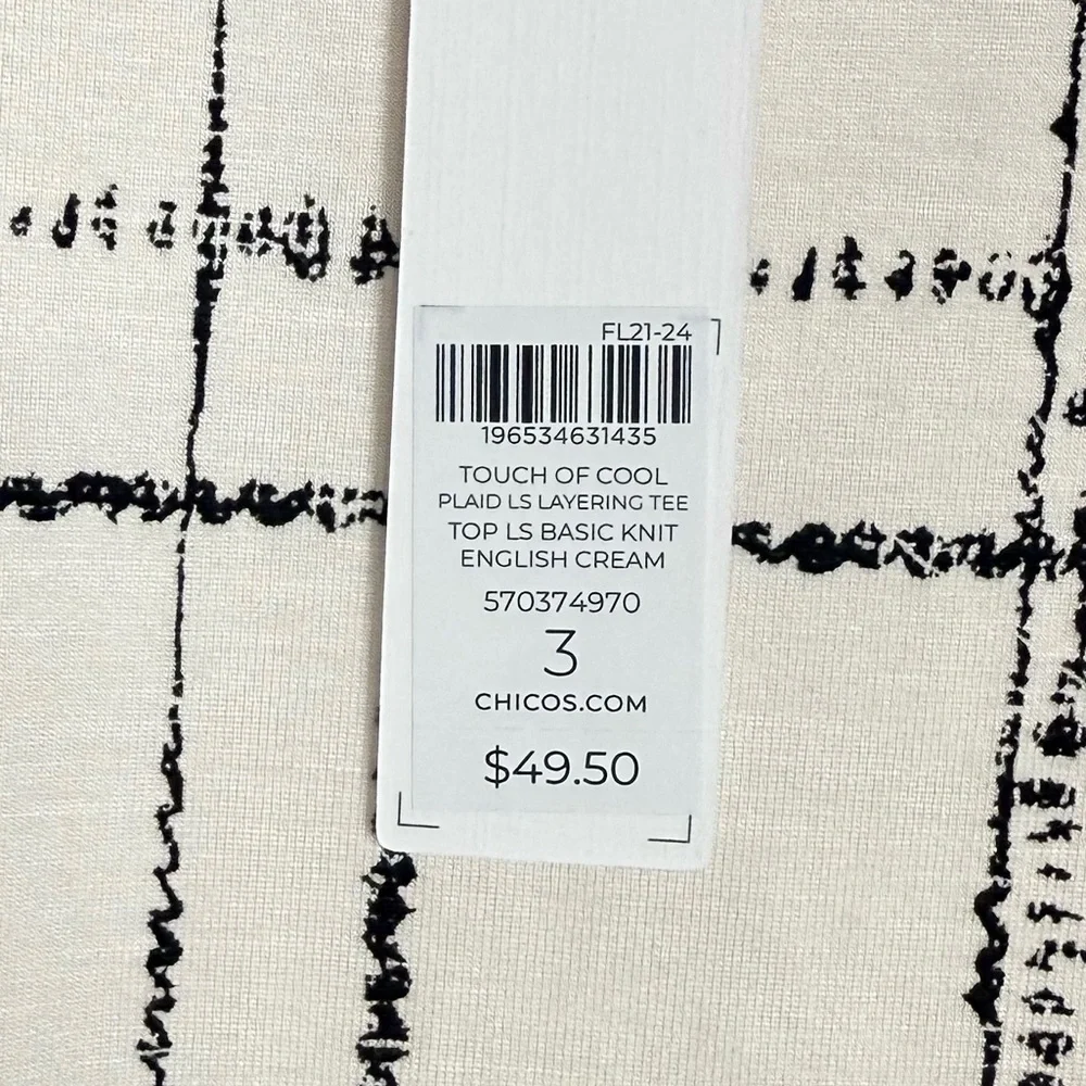 NWT Chico’s Touch of Cool Plaid Long Sleeve Layering Tee Cream XL